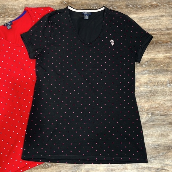 US Polo Set of 3 Polka Dot V-Neck T-Shirts Women's Size Large Red, Blue, Black - Picture 9 of 15